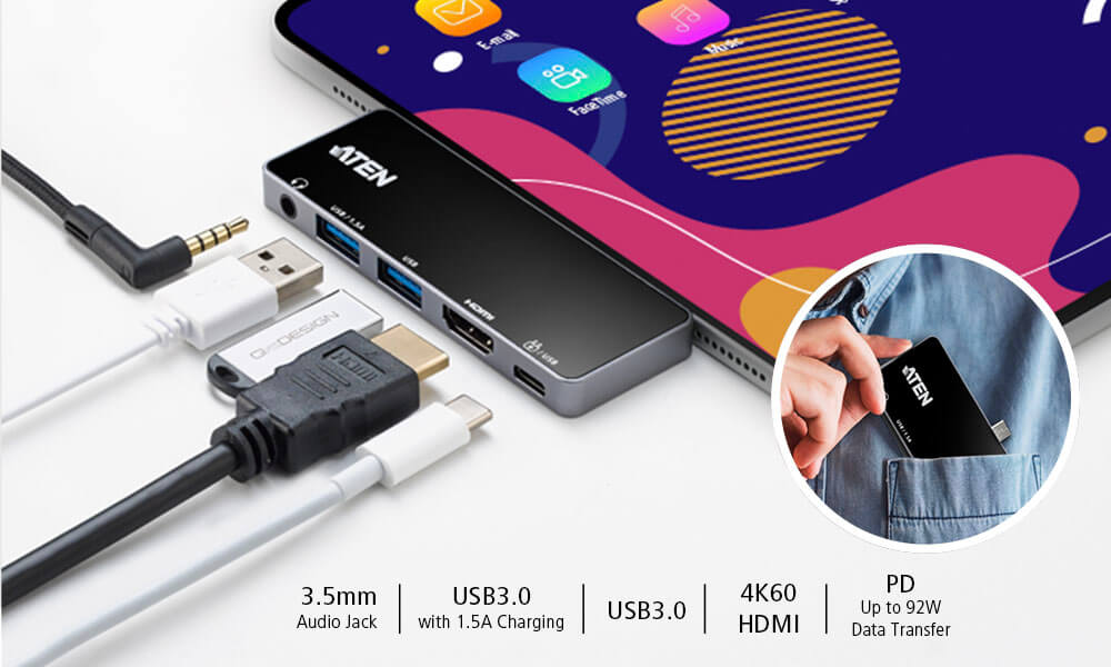 Aten UH3238 USB-C Travel Dock with Power Pass-Through 