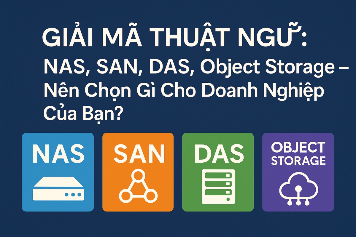 Infographic giải thích sự khác biệt giữa NAS, SAN, DAS và Object Storage cho doanh nghiệp, minh họa trực quan với biểu tượng lưu trữ và sơ đồ kết nối.